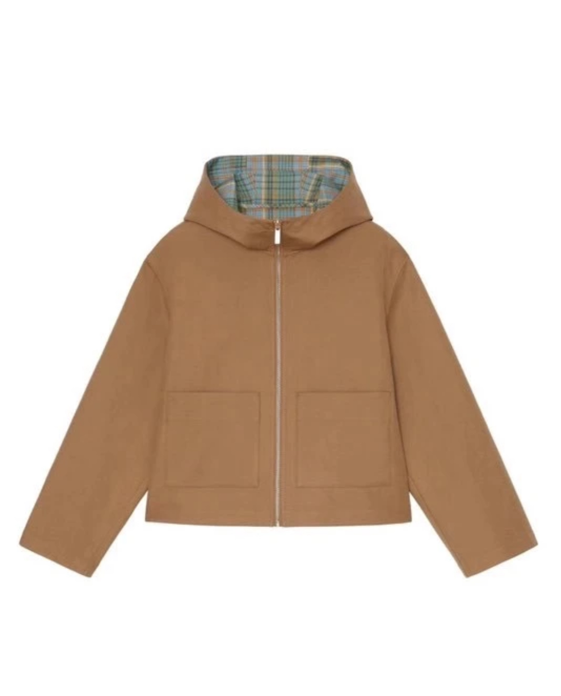 51001G卡其色内里格纹贴袋连帽双面穿宽松夹克外套