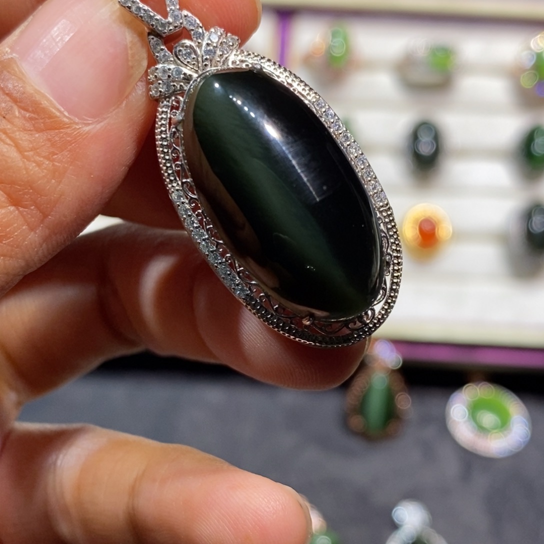 和田玉（碧玉）银S925镶嵌颈饰