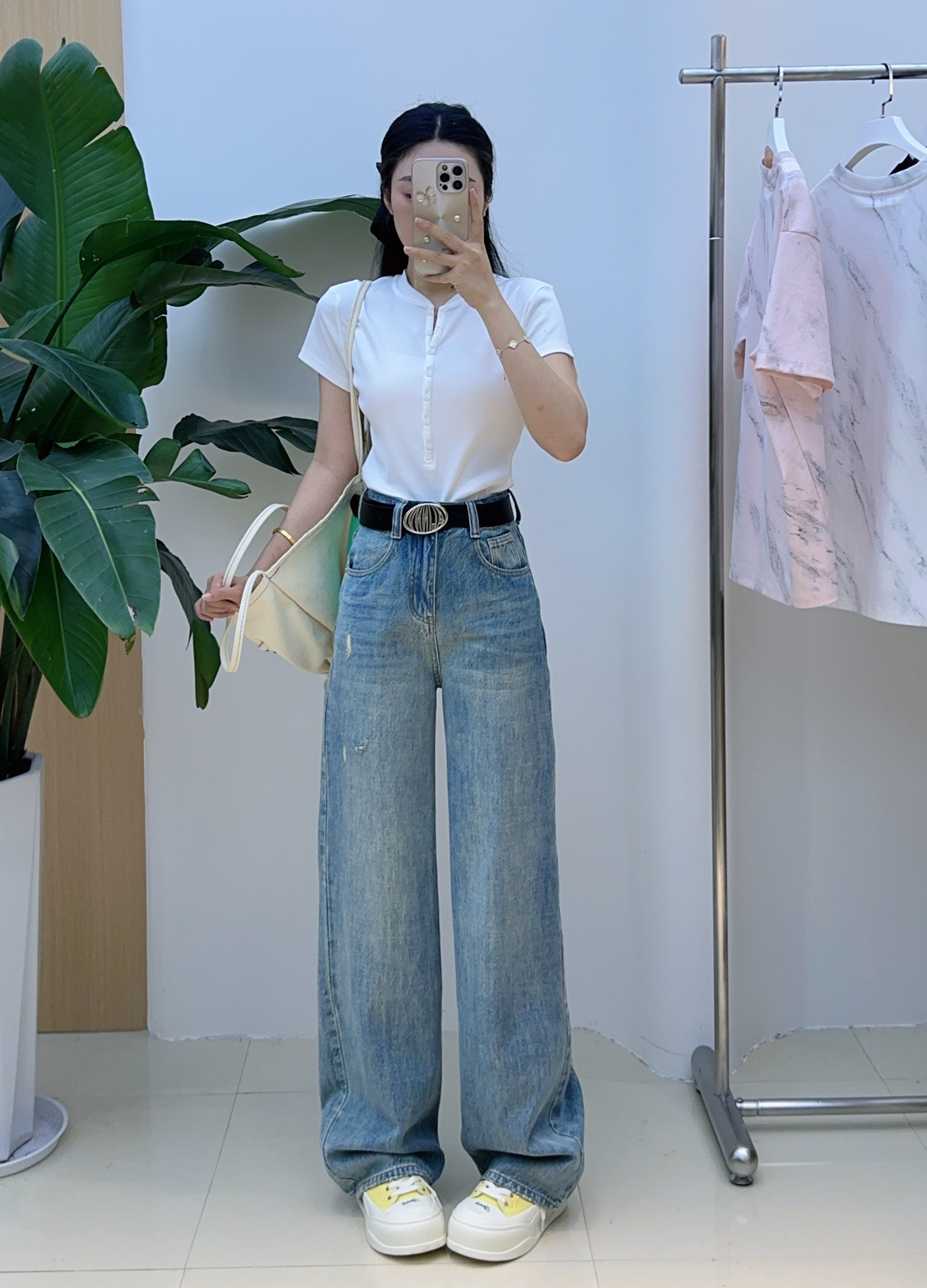 【海南简爱】复古抓痕直筒阔腿牛仔裤6109