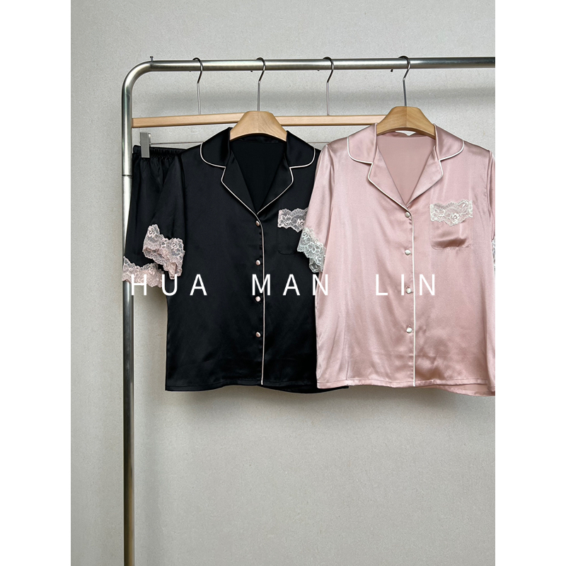 【花滿林】两色拼接蕾丝简约家居服真丝桑蚕丝睡衣套装22253