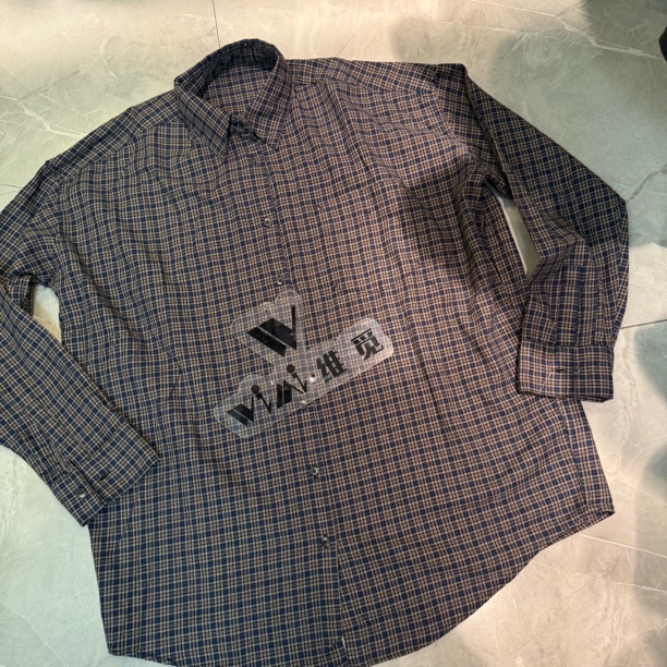 秋季美式复古蓝色格子长袖衬衫休闲宽松款式