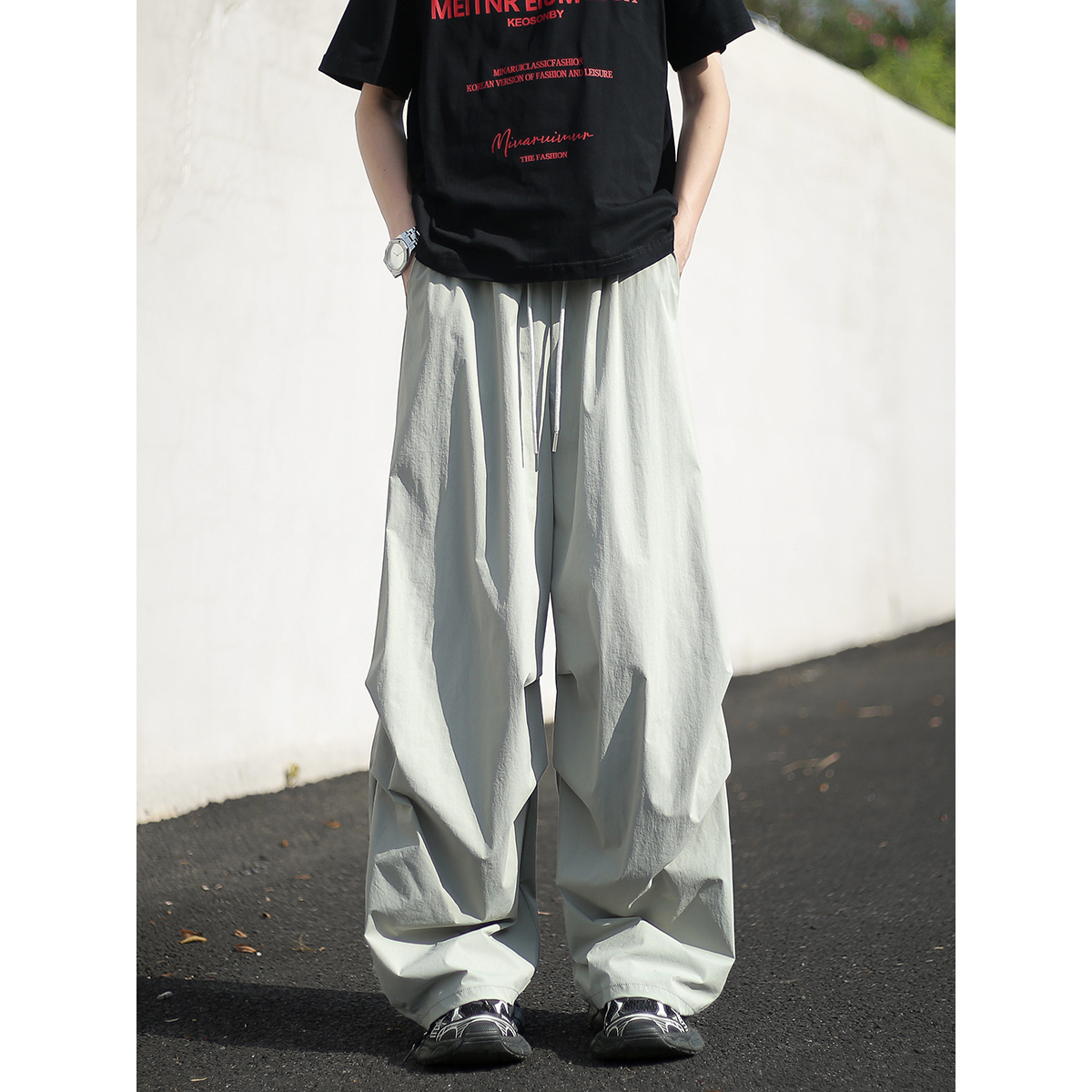 York Zoom夏季弯刀双褶廓形降落伞裤轻薄透气速干休闲裤长裤薄款