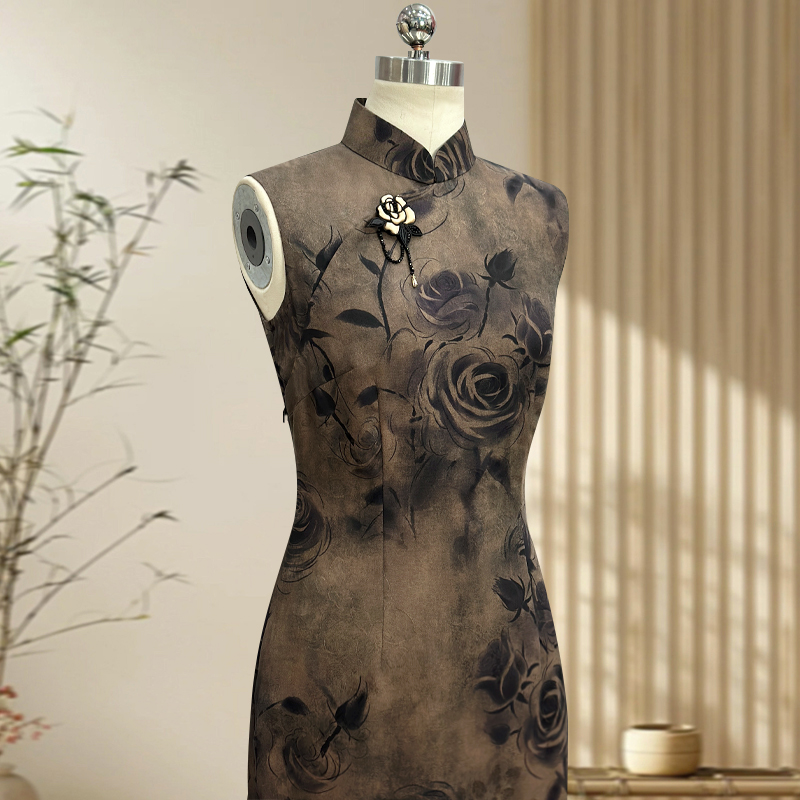 暮色玫瑰 玲珑娇高端旗袍真丝香云纱腋下拉链改良款复古港风长款