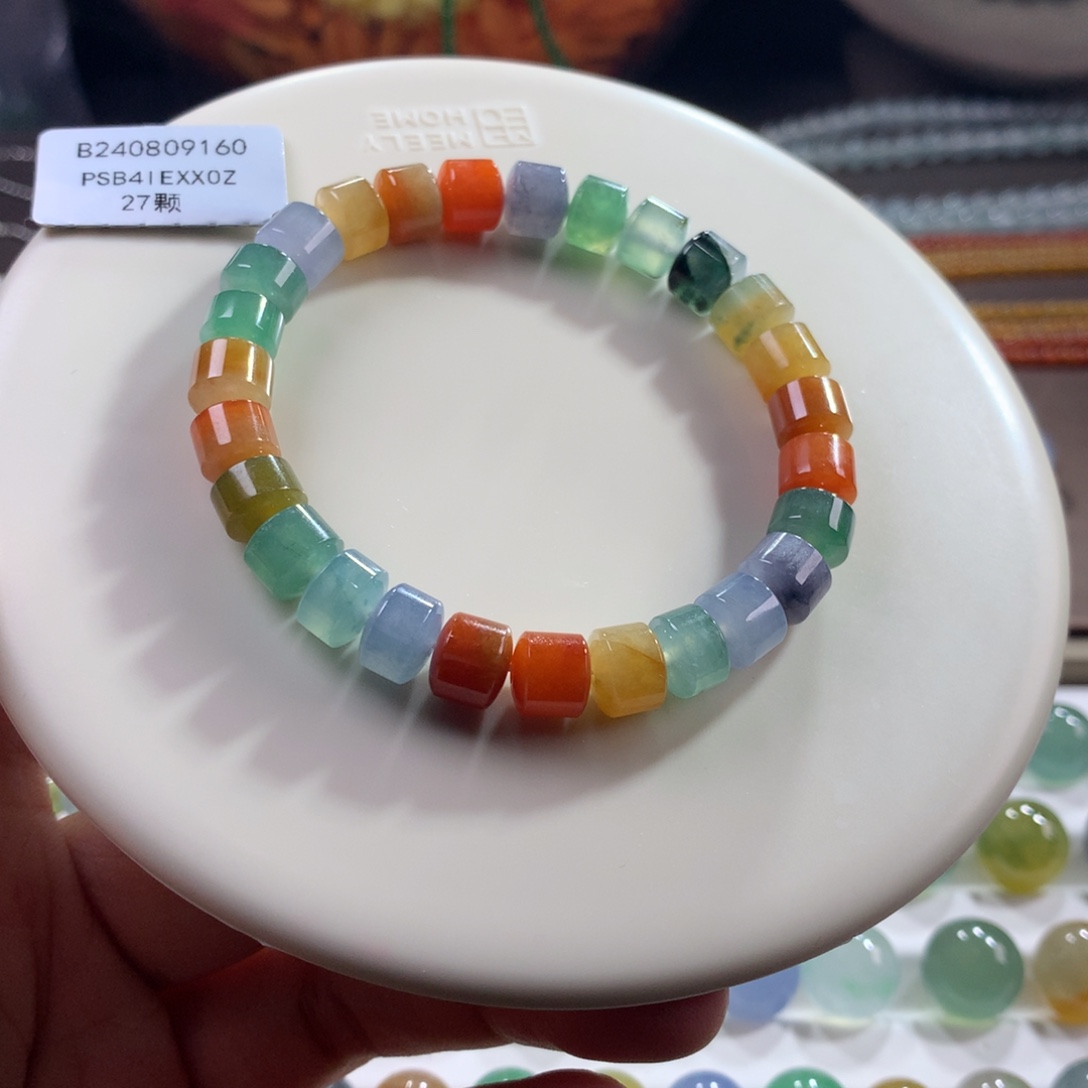 翡翠未镶嵌手链性价比冰浓彩多巴胺彩虹桶珠卡7.6~8