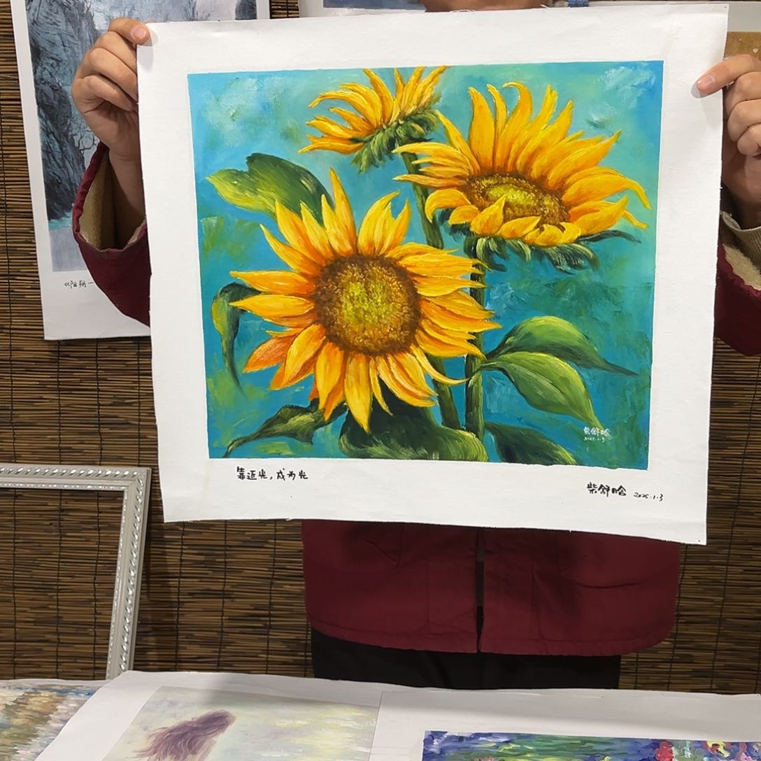 油画行路人小院绘画作品