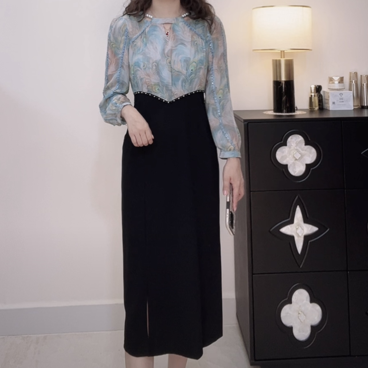 彬彬常规通勤风圆领成人中长款包臀裙高腰气质连衣裙599