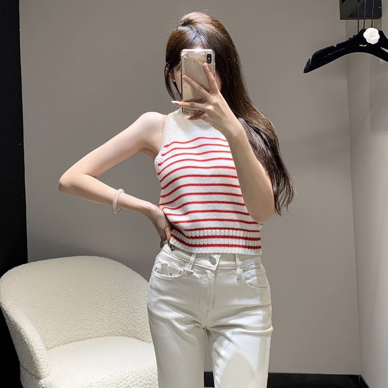 全新未使用 DIOR/迪奥 汤/P205639105/红色条纹针织背心36码