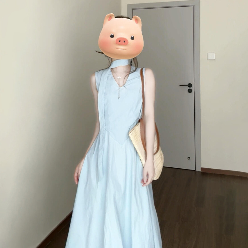 2475法式蓝色无袖背心宽松连衣裙子女夏季显瘦小个子气质长裙