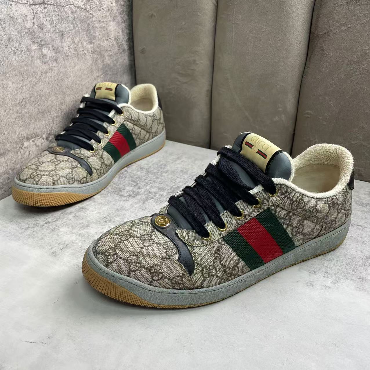 99新 GUCCI/古驰 乌木色双G印花时尚百搭低帮脏脏鞋/43.5码