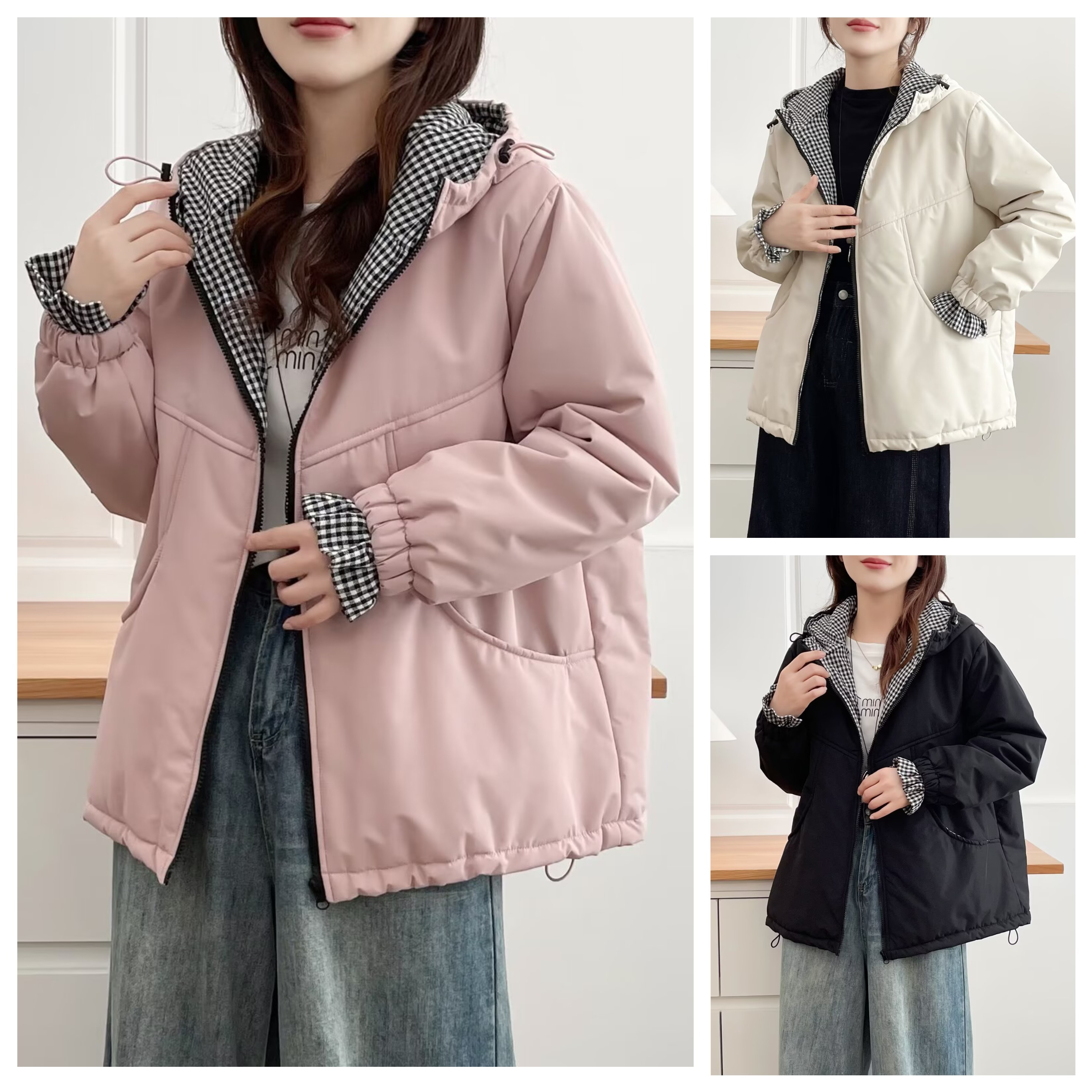 2579大码女装秋冬款休闲撞色连帽棉服时尚百搭显瘦BYH