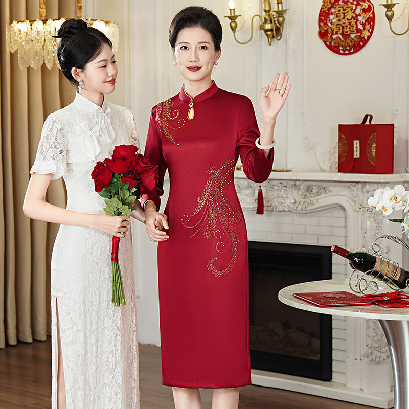55421红色婚宴中长款加厚中国风秋冬婚礼喜妈妈喜庆冬季礼服裙