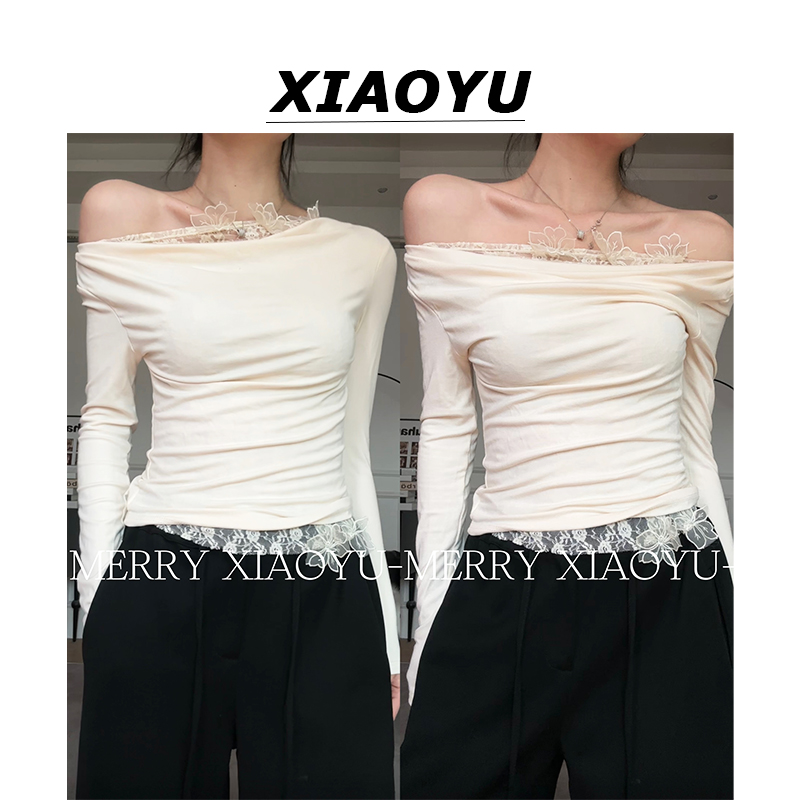 小鱼【捕梦寻蝶】纯欲风蕾丝拼接斜领小众别致长袖修身气质上衣