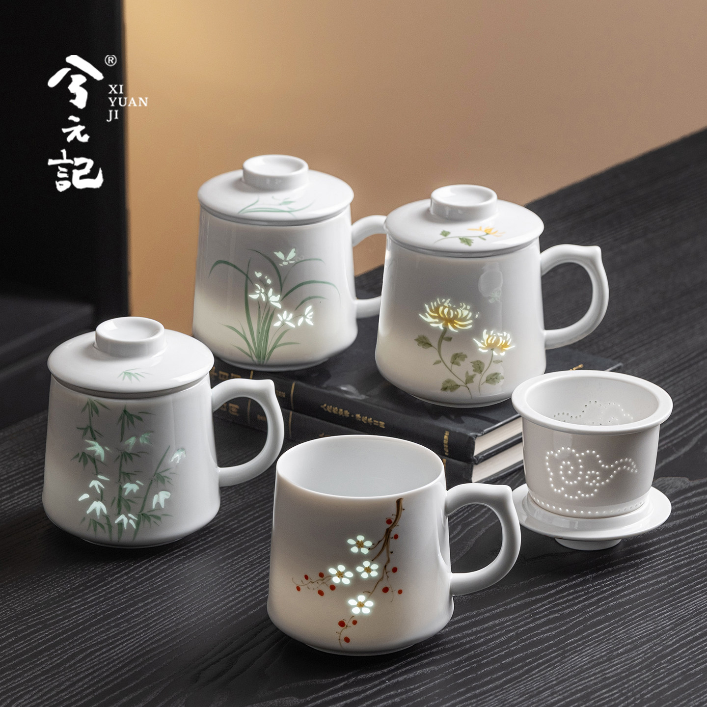 手绘玉瓷玲珑茶杯带盖茶水分离杯高档陶瓷办公室泡茶杯子过滤水杯