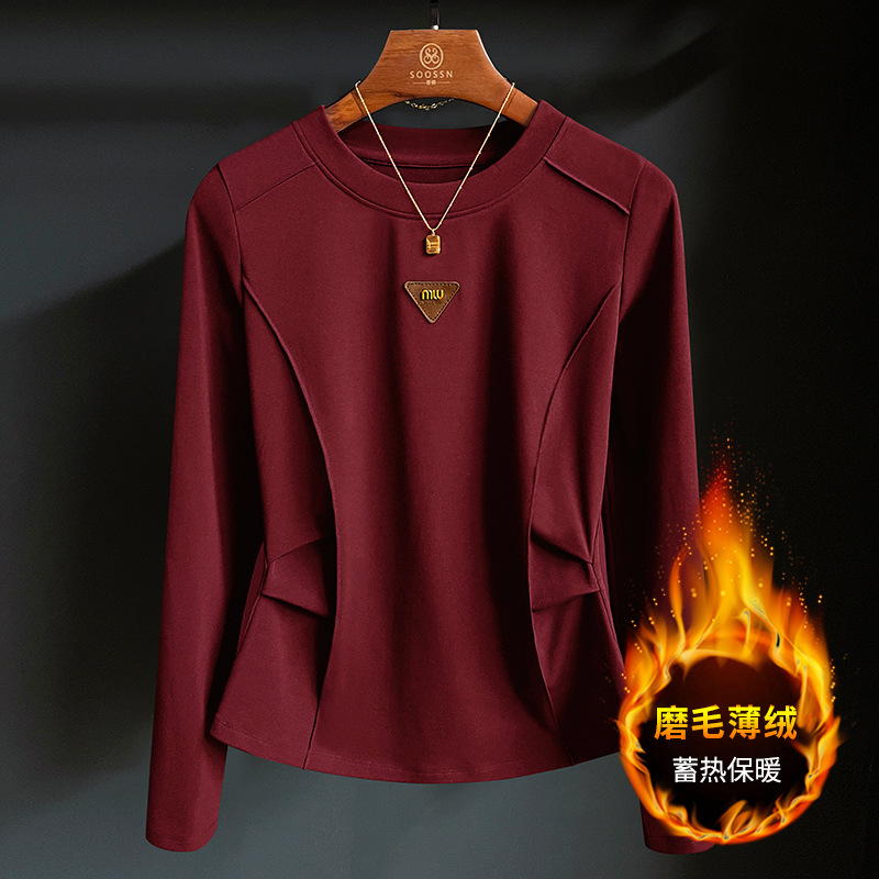 秋冬女装上衣小众设计90棉收腰显瘦薄绒新款打底衫正肩袖t恤女