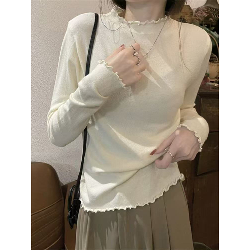 [V8827]VISHALL半高领时尚卷边打底上衣纯色常规秋季针织百搭冬季