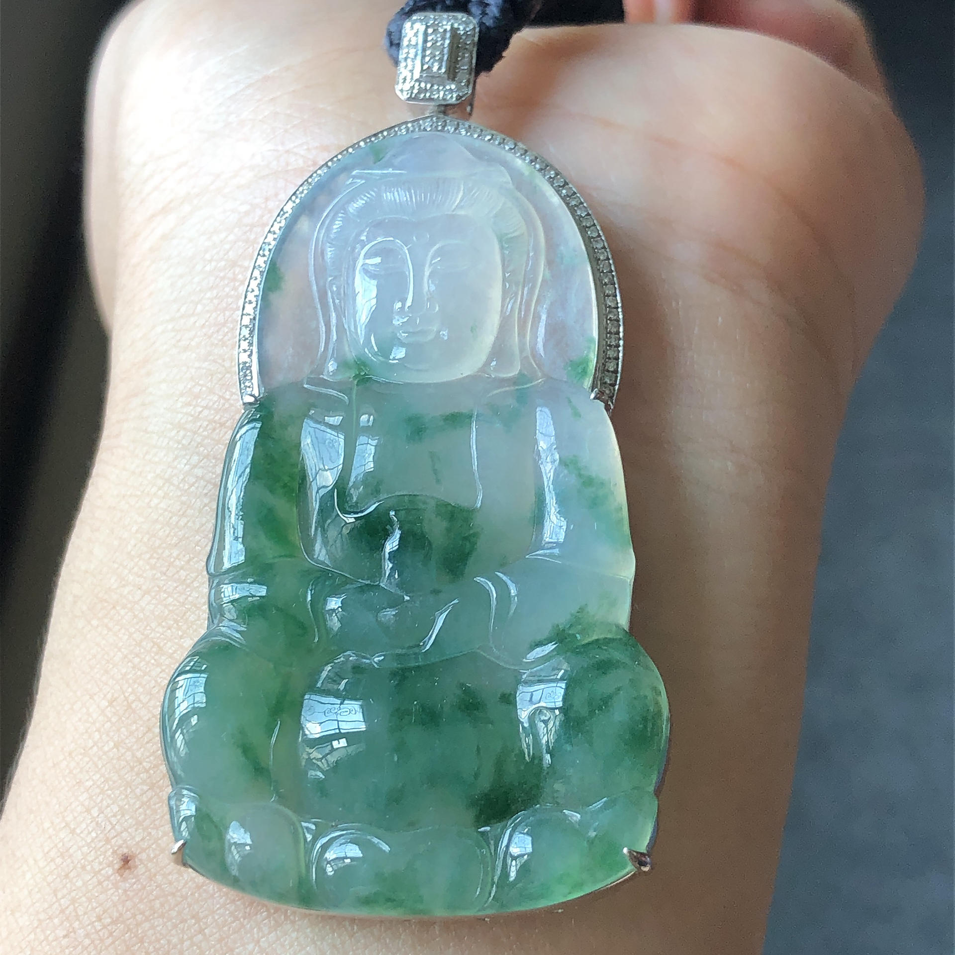 缅甸天然A货翡翠18k金镶嵌老坑冰种飘花正装观音吊坠59.7/31.7/8