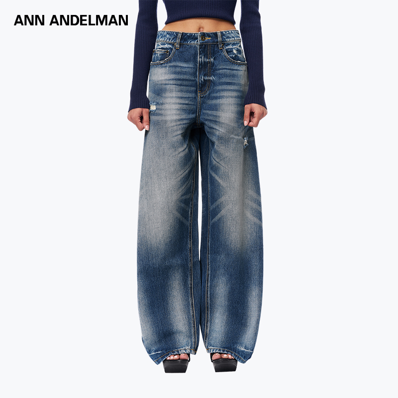 ANN ANDELMAN 25秋冬 时尚休闲高腰深色水洗蓝弯刀阔腿牛仔裤 