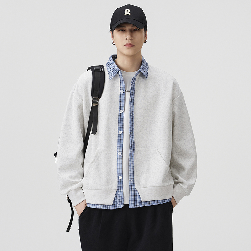 2025秋季miu系假两件圆领重磅拼接翻领格子卫衣开衫男士休闲衬衫