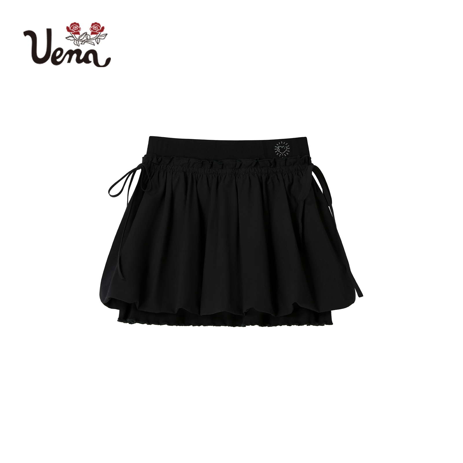 【糖渍晚风】Uena黑色爱心烫钻侧边抽绳绑带短款显瘦花苞半身裙女