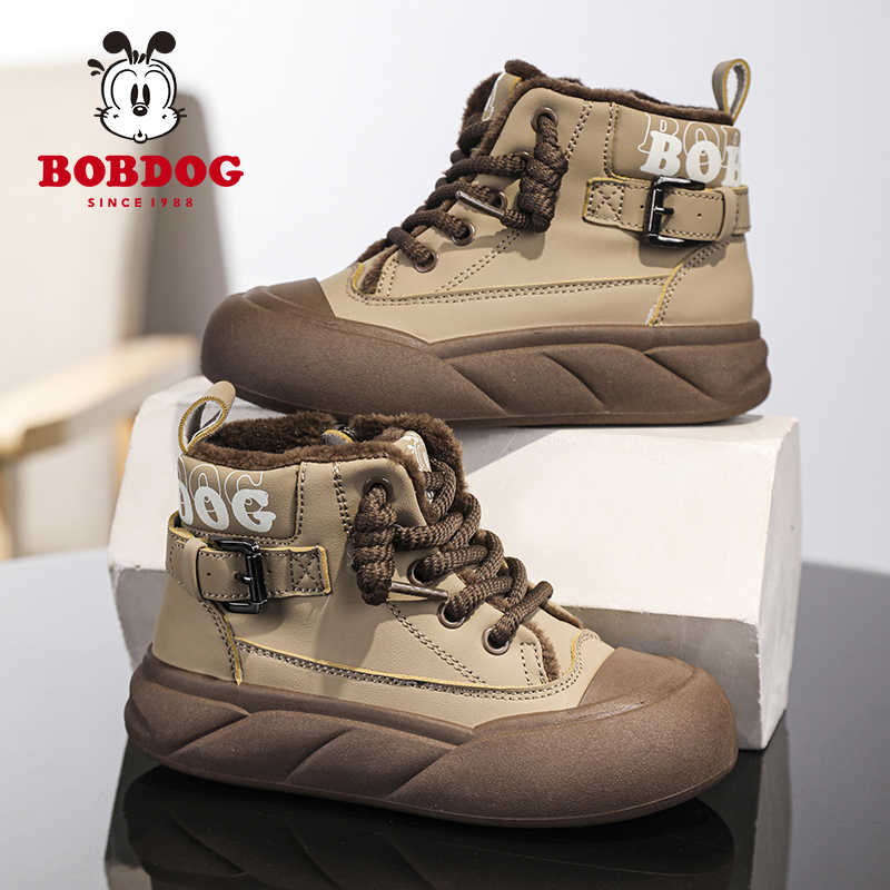 Bobdog/巴布豆冬季保暖加绒高帮面包底皮面防水男女童高帮童鞋