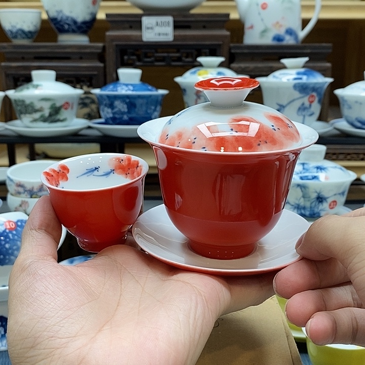 手绘龙船花盖碗160cc➕同款杯子釉下彩微瑕福利款