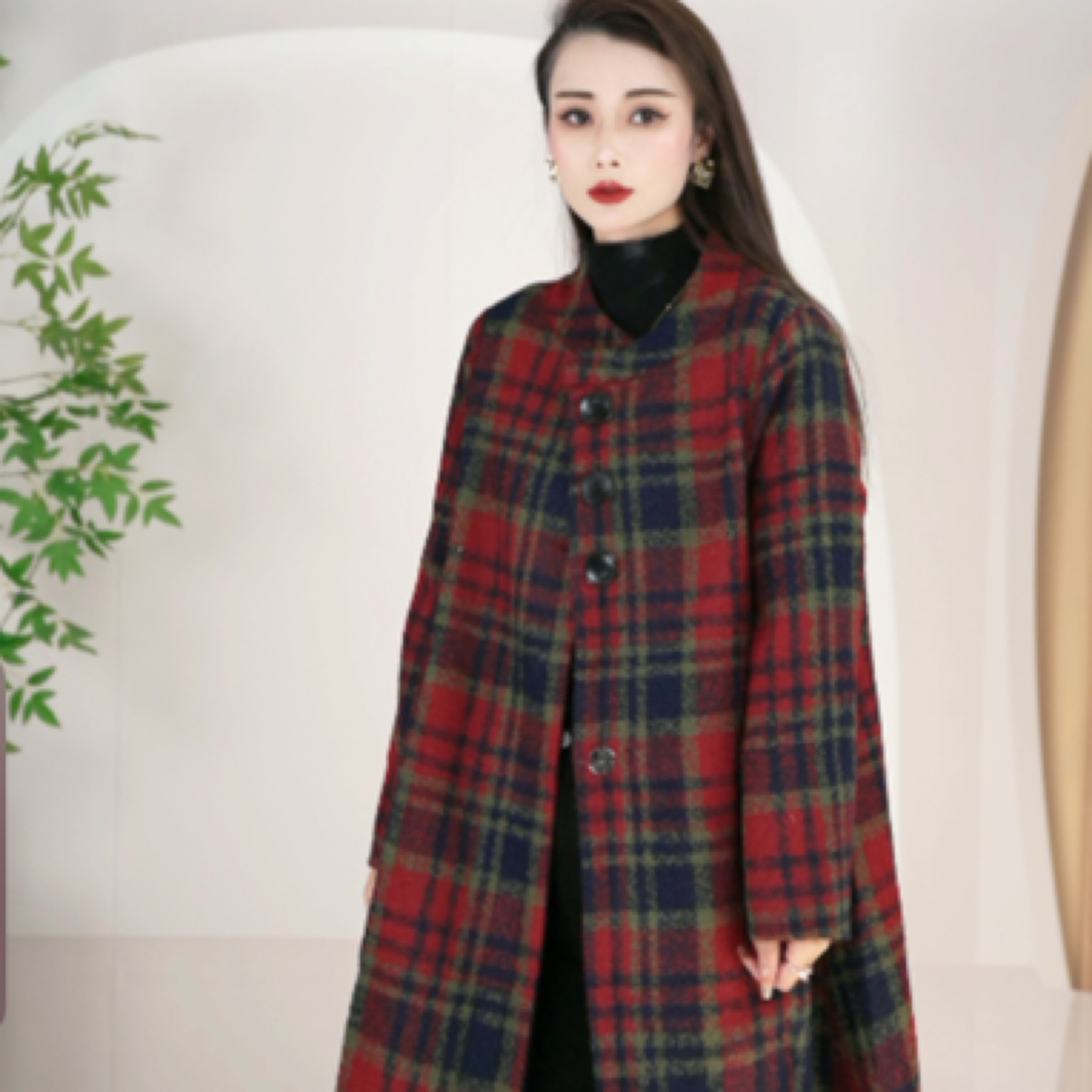 春秋中长款复古宽松格子毛呢女士休闲呢大衣外套