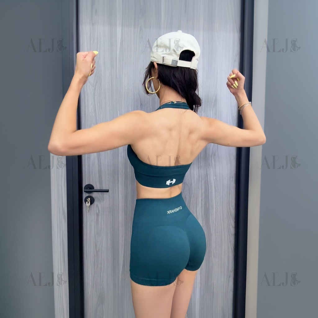ALJS高腰提臀蜜桃臀套装女户外运动健身遮副乳美背无缝文胸短裤女