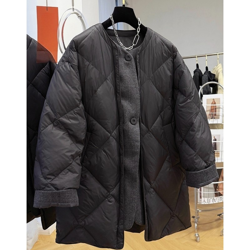 02801高级别致超好看独特毛呢拼接圆领棉衣棉服女冬季中长款外套