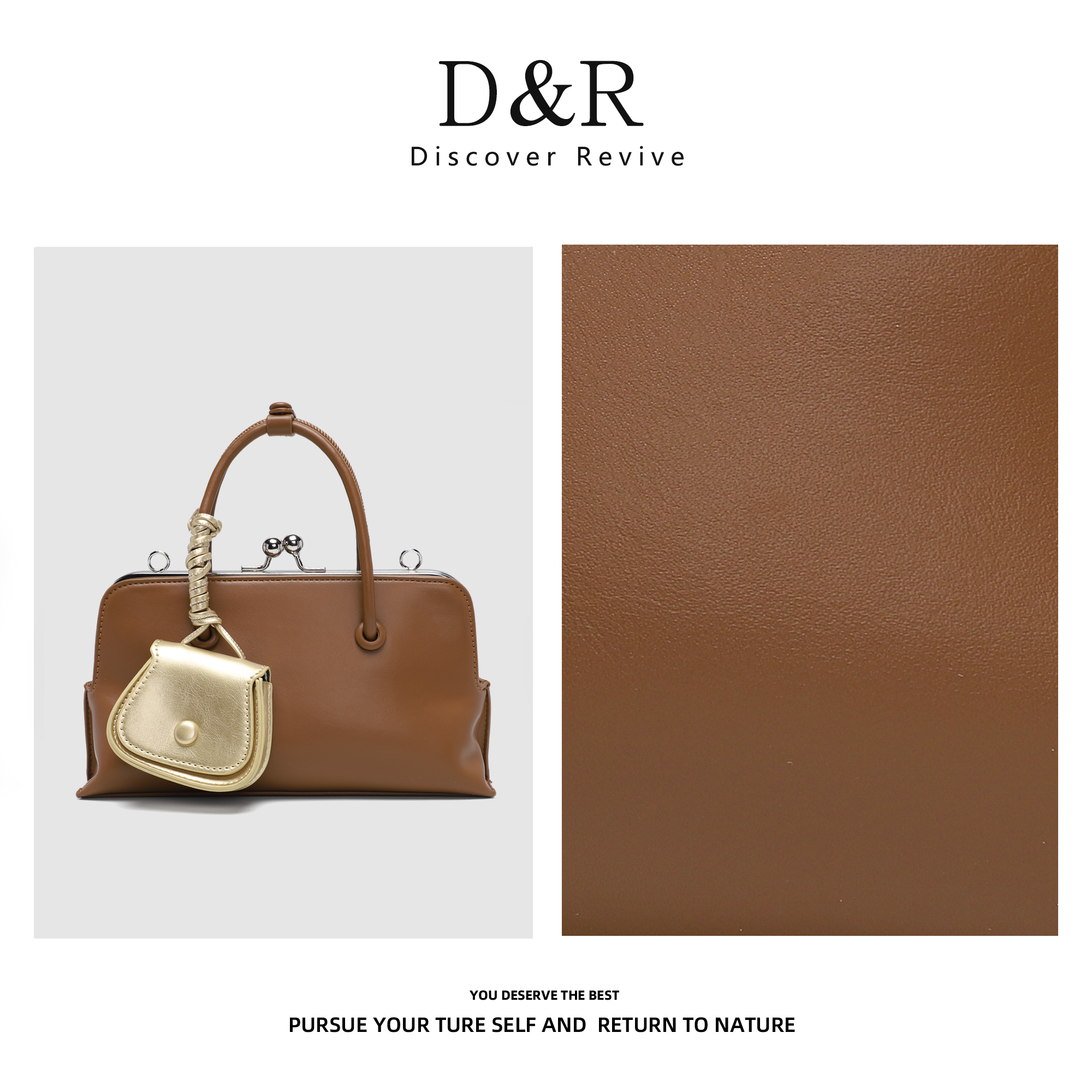 Discover Revive限定高级感时尚复古手提斜挎夹子包E623-棕