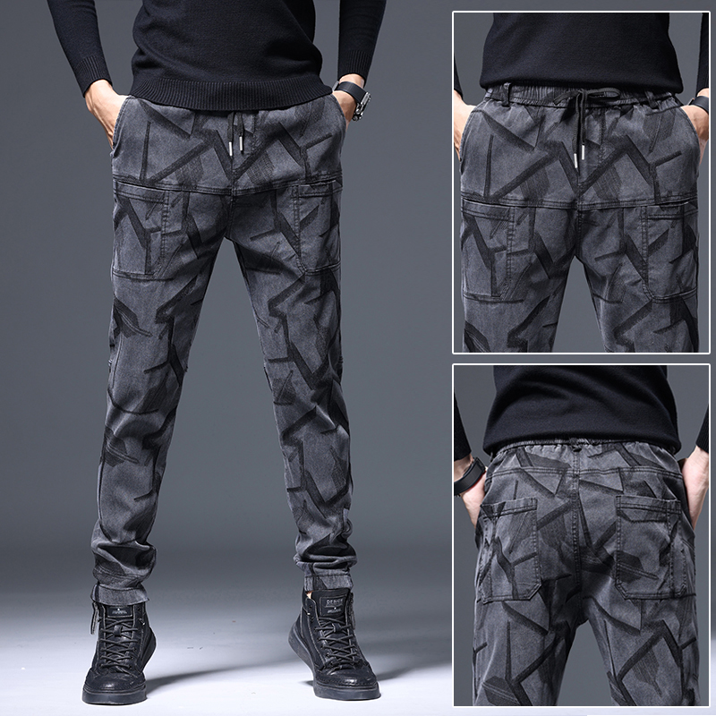 秋冬高弹力男士裤子提花休闲男裤六口袋直筒修身潮流迷彩长裤子男