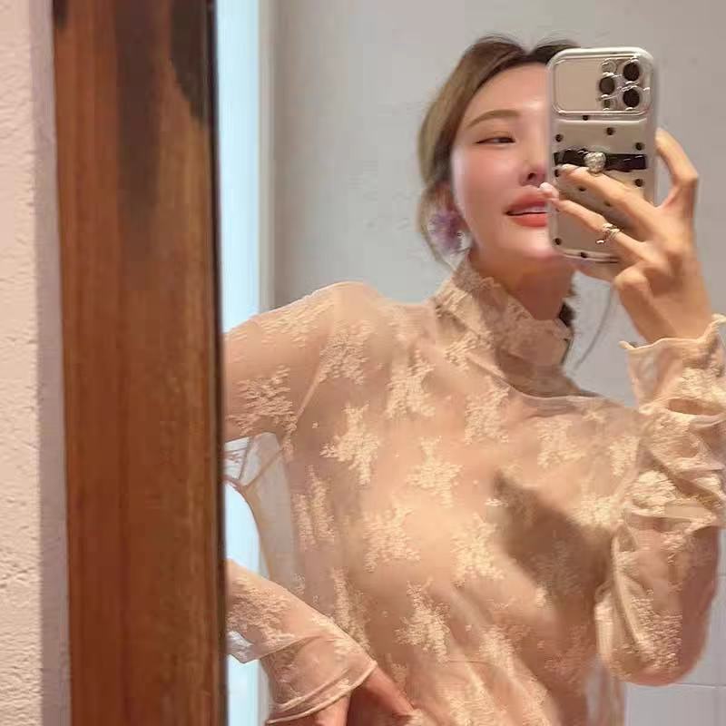 木耳边蕾丝打底衫女春秋冬长袖修身薄纱衣配毛衣内搭透明网纱上衣