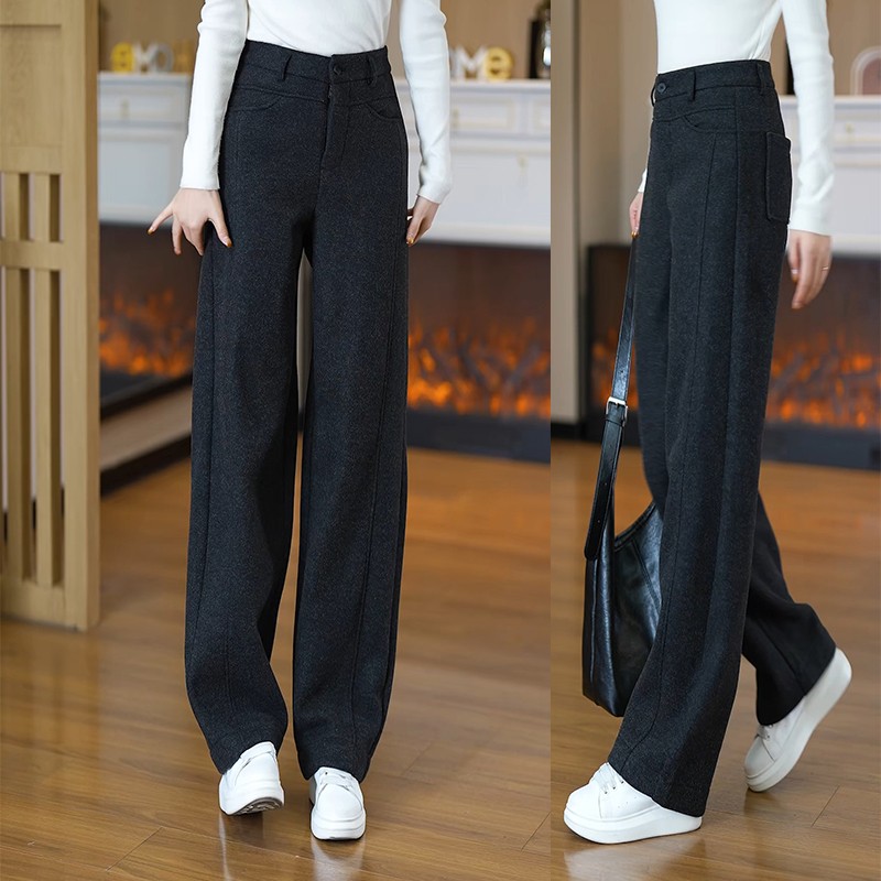 2025秋冬季新款加厚毛呢保暖弯刀阔腿裤女百搭显瘦休闲裤