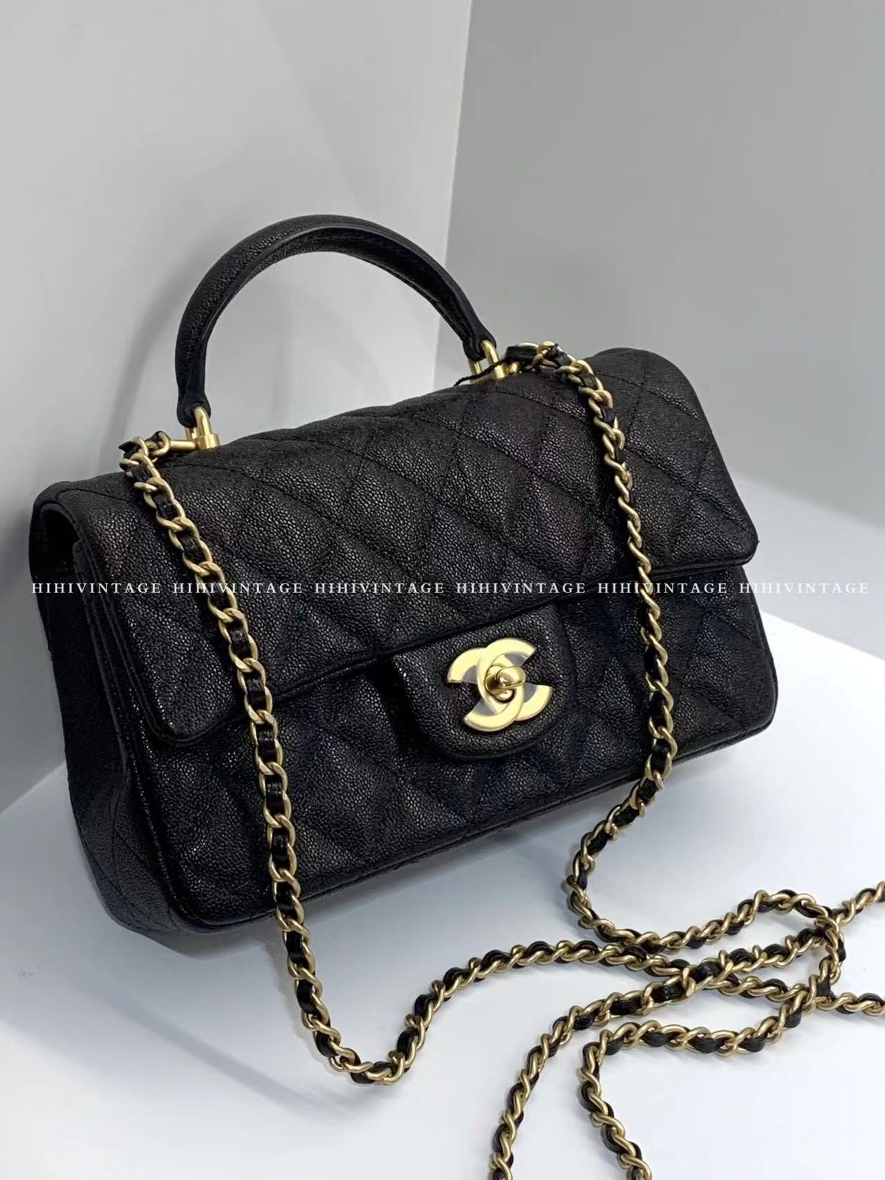 99新 Chanel/香奈儿 HIHI/21S 黑金鱼子酱手柄CF大mini链条包