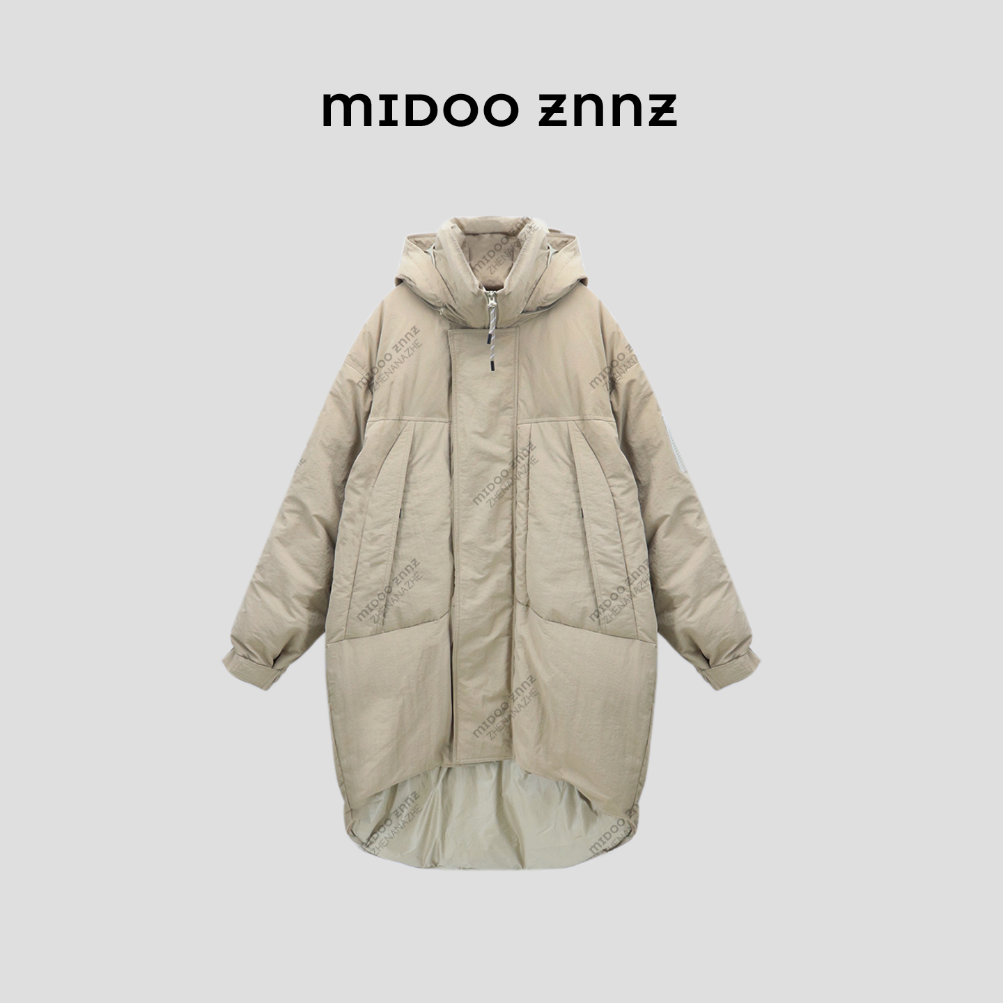MIDOO ZNNZ 阔版中长款保暖白鸭绒连帽羽绒服8254M-1