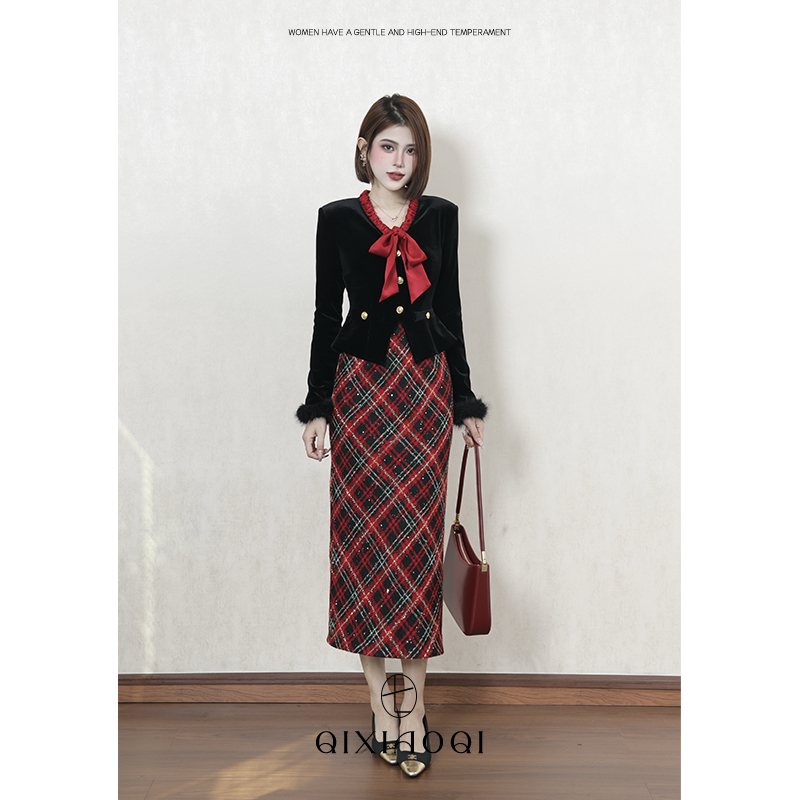 七小七Sicily【圣诞舞会】法式小香风气质高级拼接连衣裙女秋冬裙