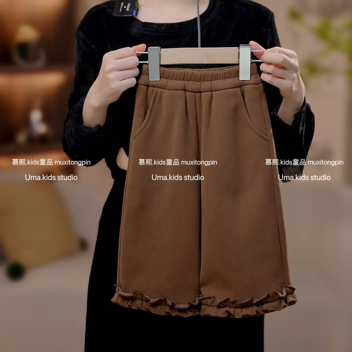女童2025轻奢森系加绒咖色裤子