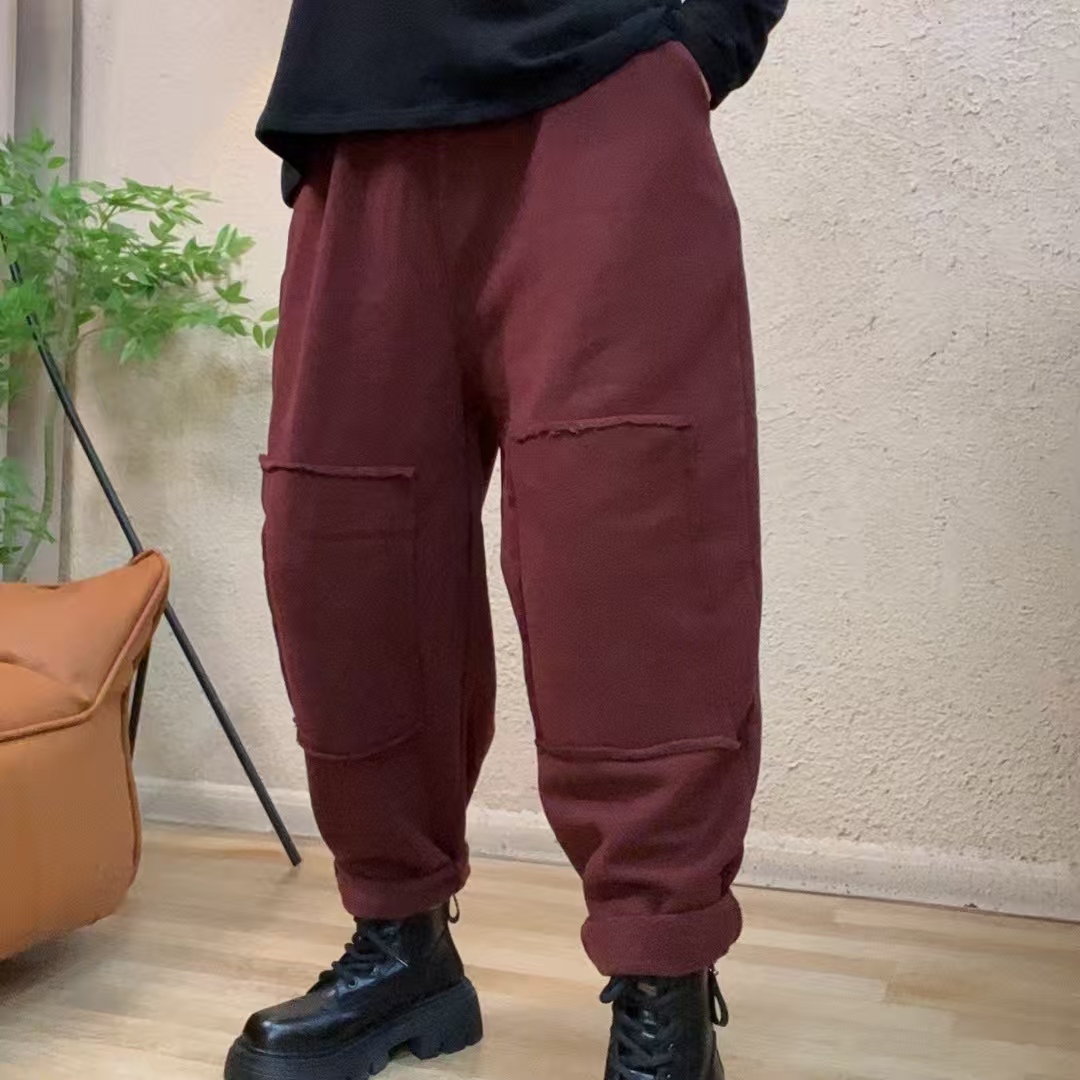 8890膝盖毛边贴布百纳休闲加绒卫裤