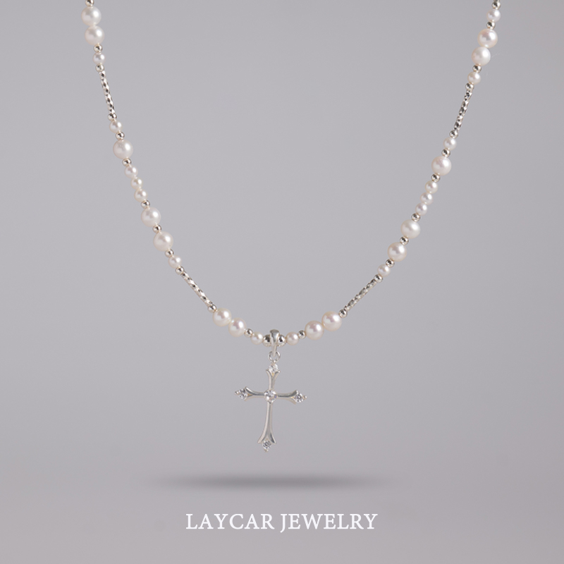 S925通体银原创十字架淡水珍珠项链