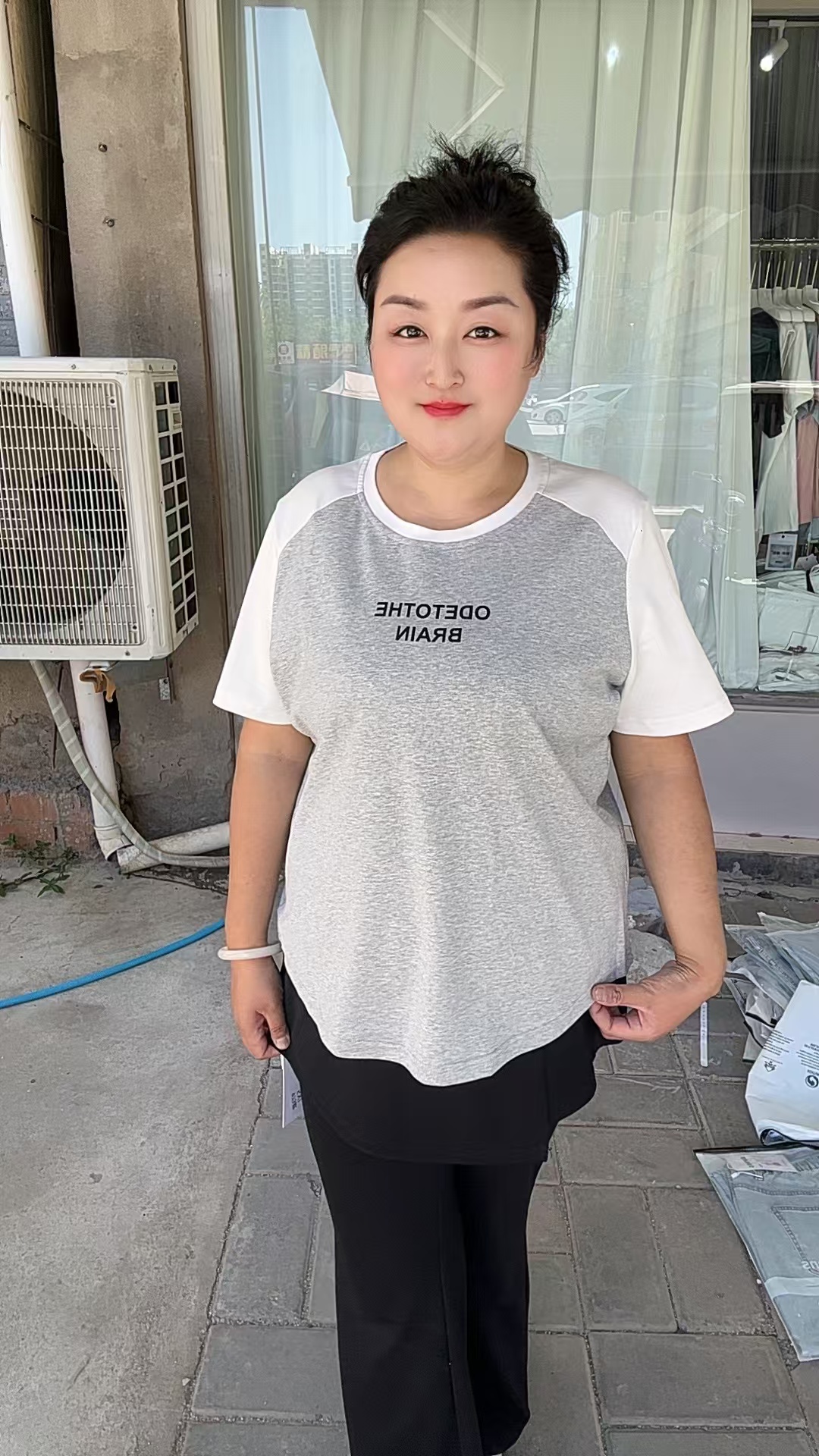 新款撞色插肩袖夏季短袖大码宽松中长款973