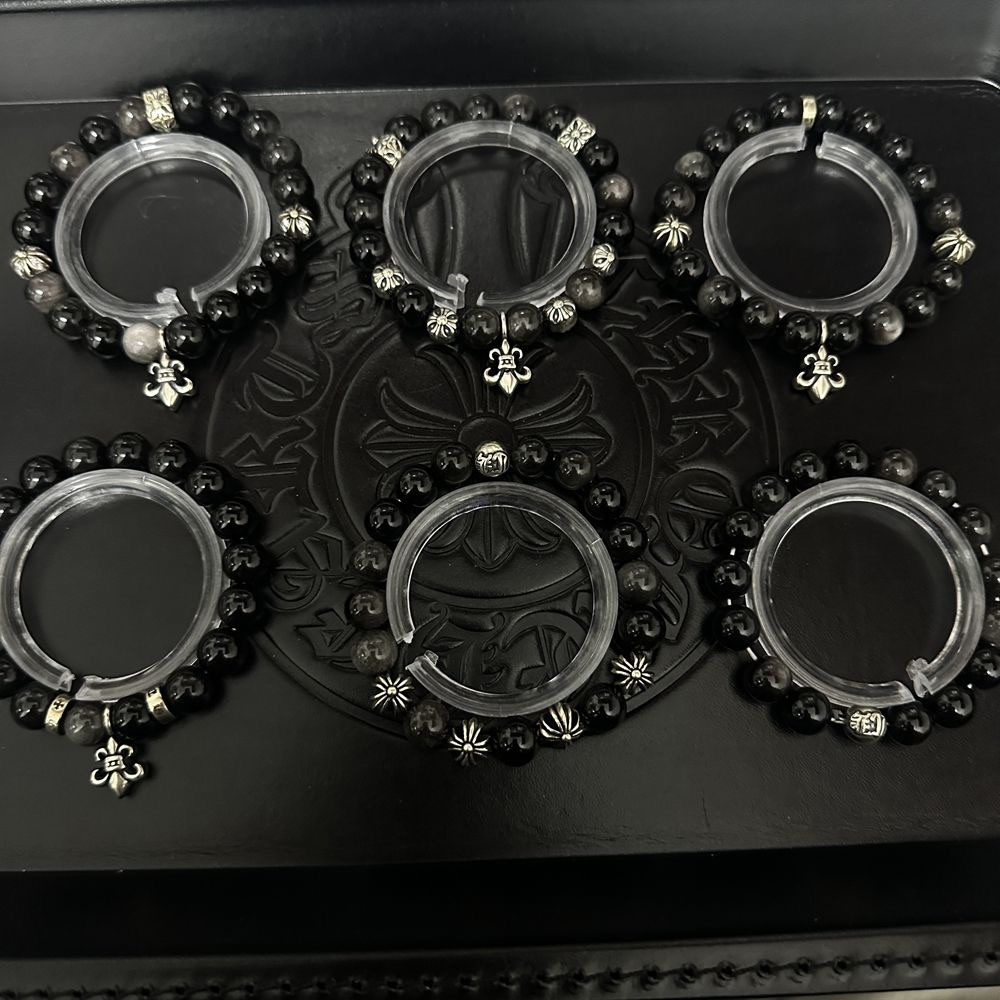 925银手链 克罗心复古做旧十字架银曜石手串嘻哈男女手链情人礼物