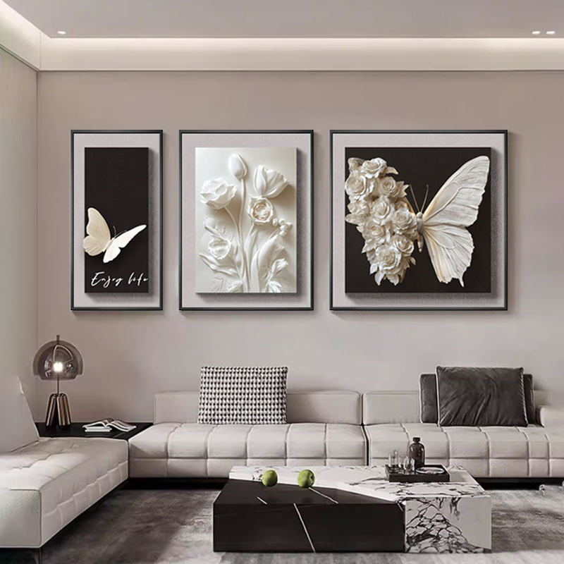 黑白蝴蝶客厅装饰画高级感沙发背景墙挂画现代轻奢抽象花卉三联画