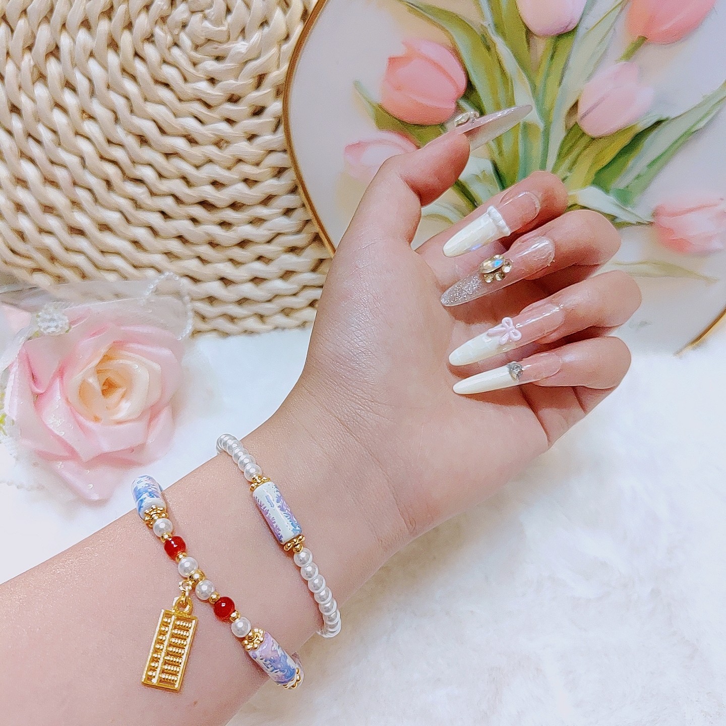 珐琅轻奢ins小众设计新中式复古水墨仿陶珍珠双层手串/手链送女友