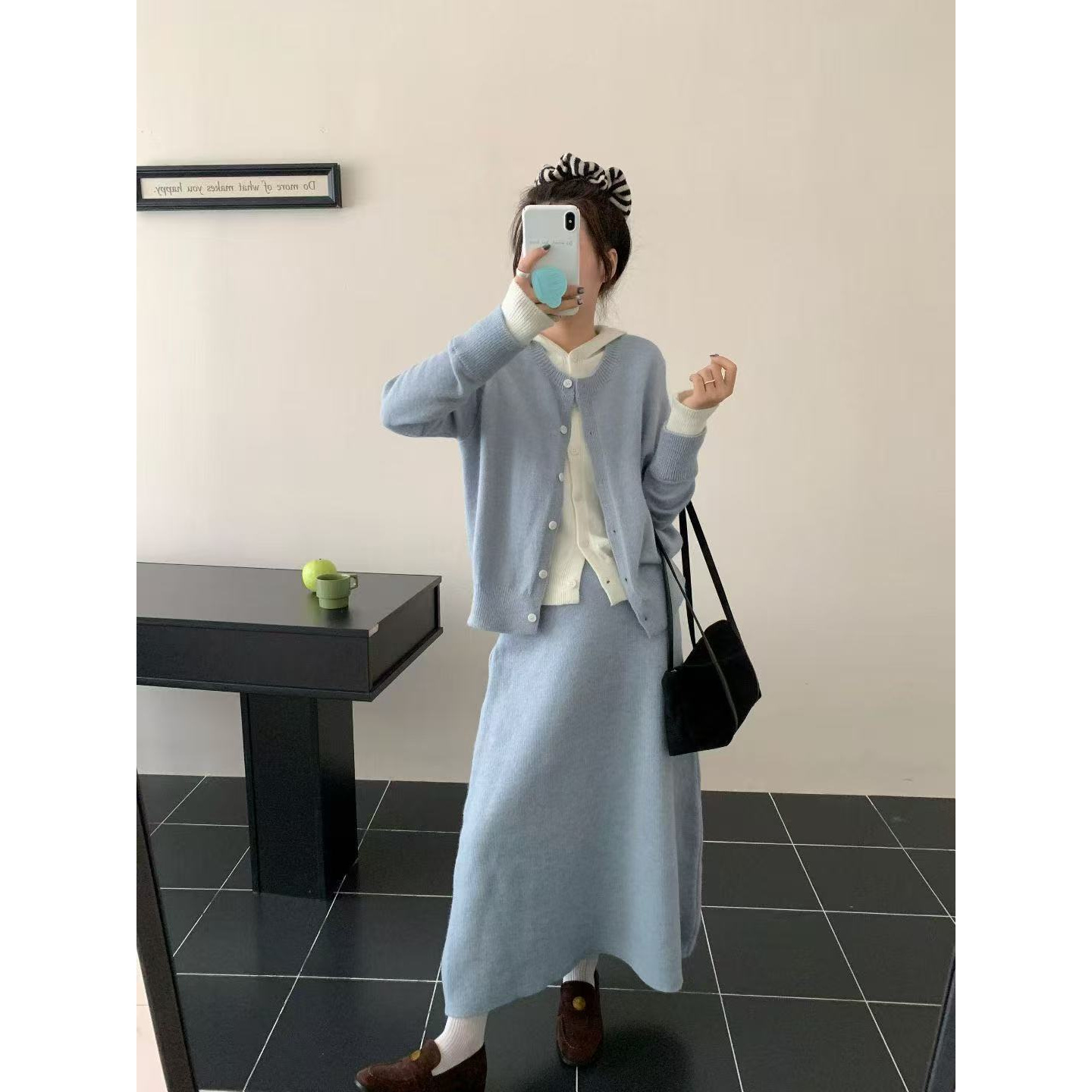 Y1632#秋冬女休闲套装女假两件连帽针织衫时尚慵懒风半身裙两件套