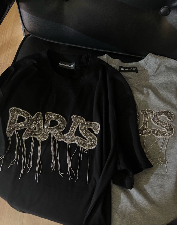 Bamancai-设计感小众烫钻字母流苏新款百搭气质休闲纯棉女T恤