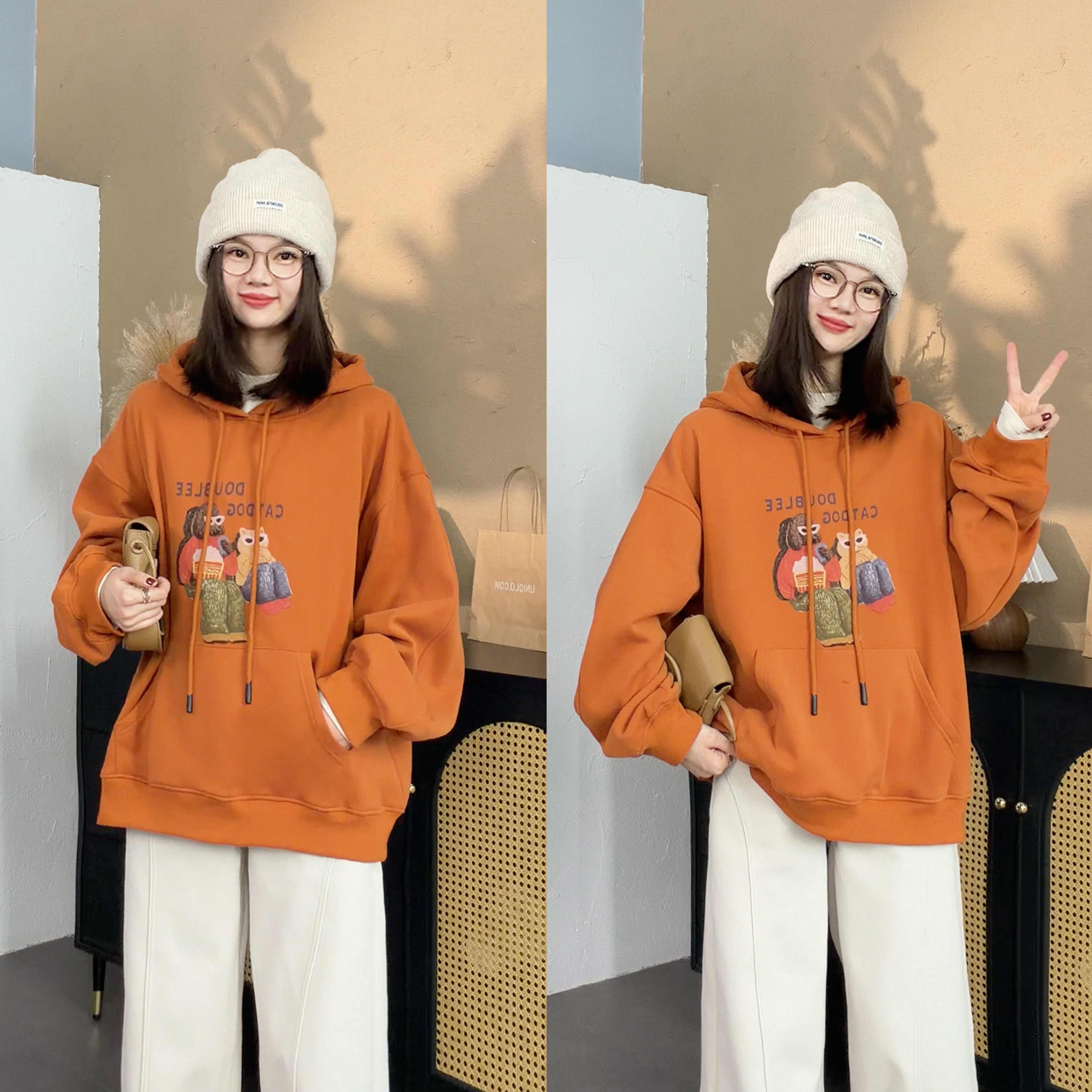 【SI MO】552383冬款复古印图休闲宽松百搭加绒连帽卫衣