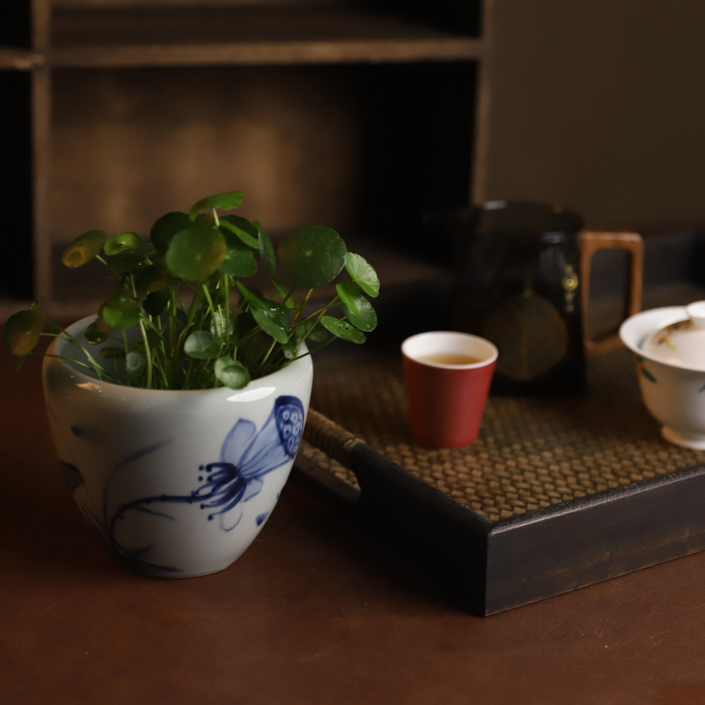 景德镇手绘仿元青花瓷陶瓷桌面花盆圆形国风复古茶洗建水茶桌水缸