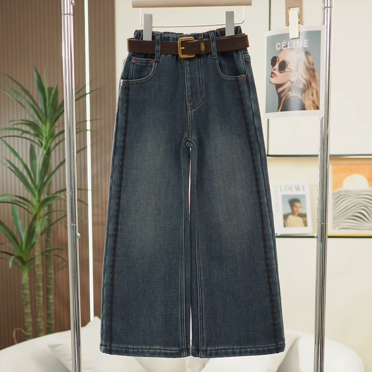 女童2025加绒牛仔裤冬款新款侧边线条直通裤阔腿裤中大童裤子