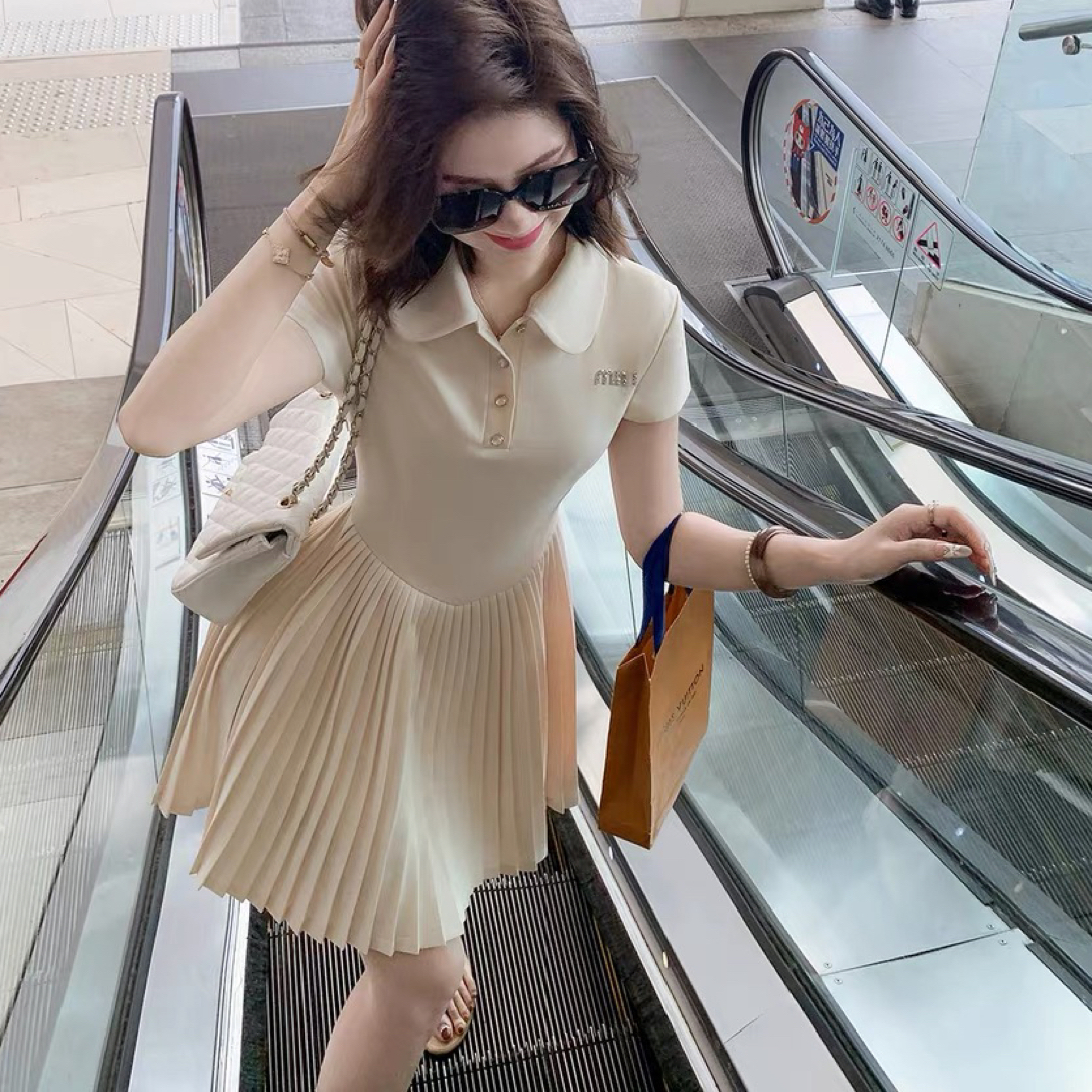 （整款链接）小香风短袖连衣裙女新款娃娃领拼接百褶裙子