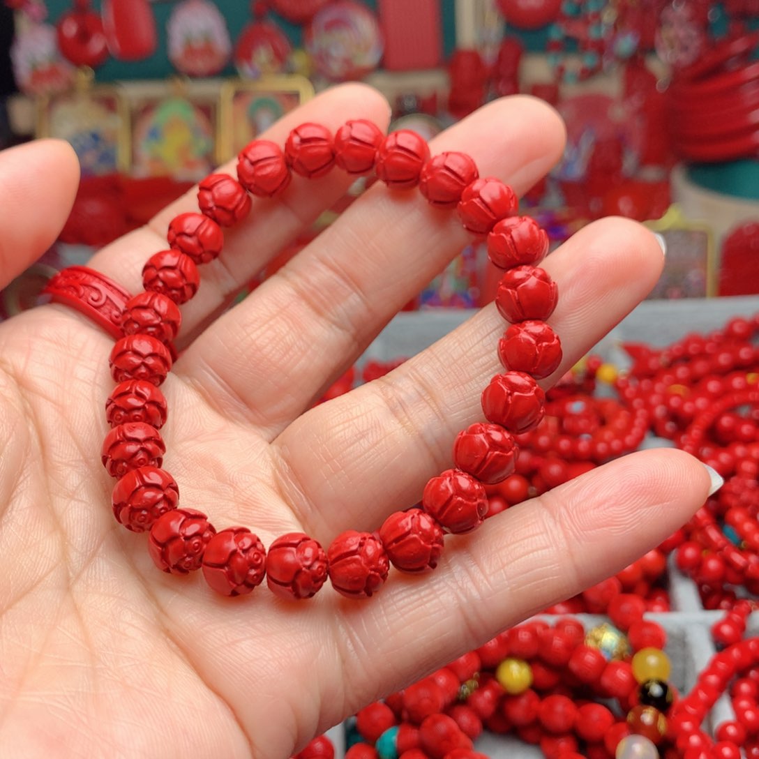 天然辰砂工艺品朱砂莲花手串