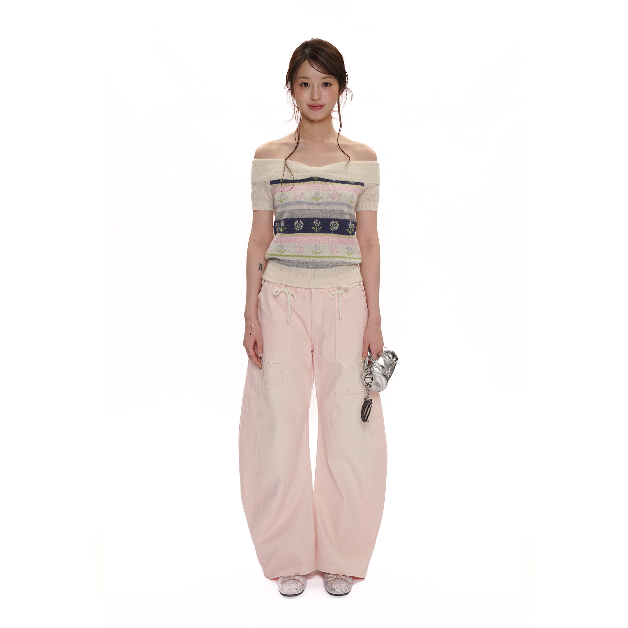 Moromoro春夏彩色条纹花朵复古提花薄透蝴蝶结一字肩短袖上衣